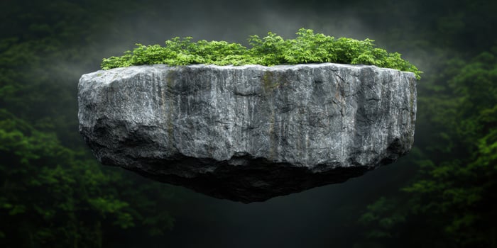 Floating rock with lush greenery in a moody forest photo