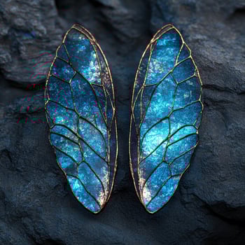 Stunning iridescent fairy wings against dark rock photo
