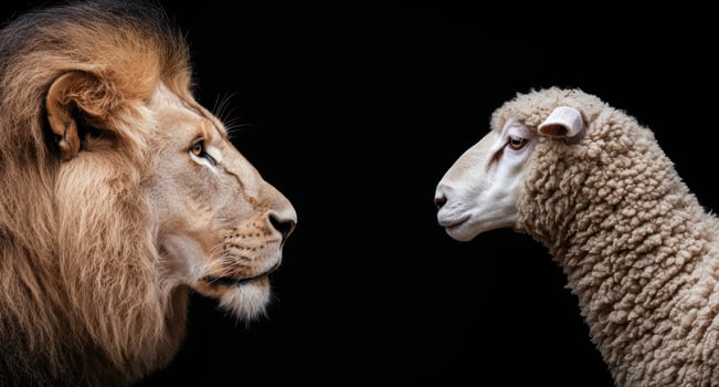 Powerful lion and gentle sheep face off photo