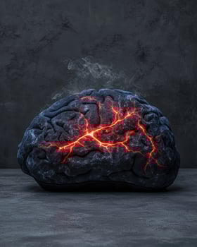 Glowing molten rock inside a dark volcanic stone photo