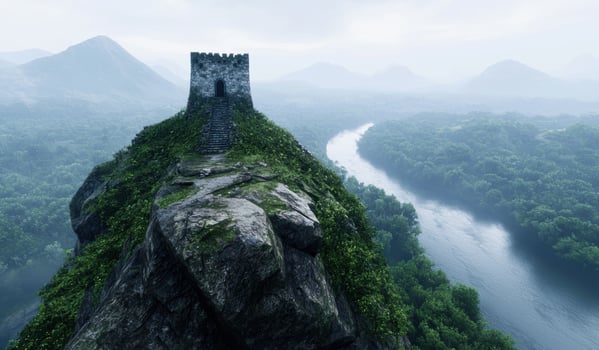 Mysterious castle ruins in the misty mountains photo