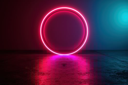 Glowing neon circle over serene ocean landscape photo