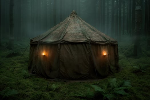 mysterious forest tent at night photo