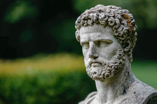 Weathered stone statue in a lush green garden photo