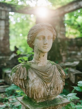 ancient stone bust in lush green garden photo