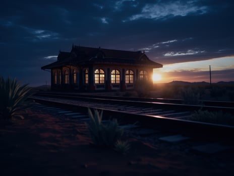 Dramatic sunset over an old train station photo