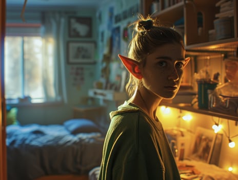 fantasy elf character in cozy bedroom photo