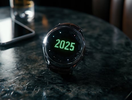 Futuristic digital watch display showing the time 2025 photo