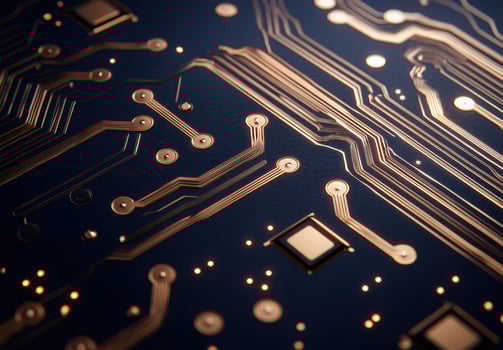 close up view of a circuit board with intricate copper traces and components photo