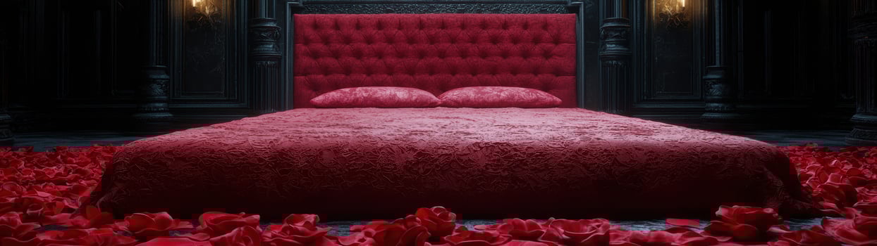 luxurious red bedroom with rose petals photo