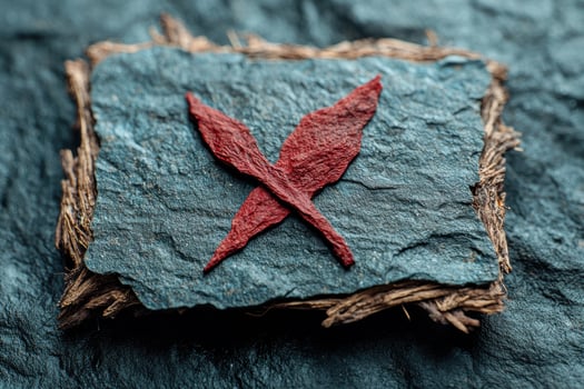 red leaf on slate rock with twigs photo