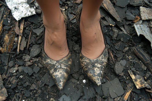 Feet in camouflage pattern shoes on rocky ground photo