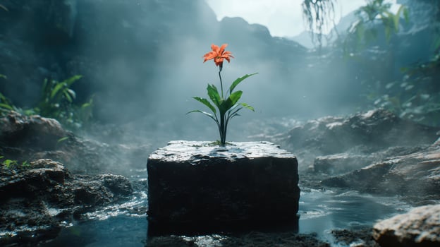 Vibrant flower blooming in misty jungle landscape photo