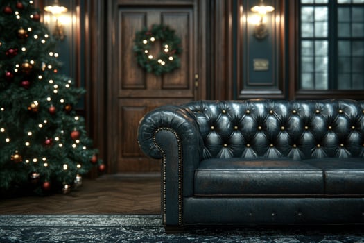 cozy christmas home interior with leather sofa and decorated tree photo