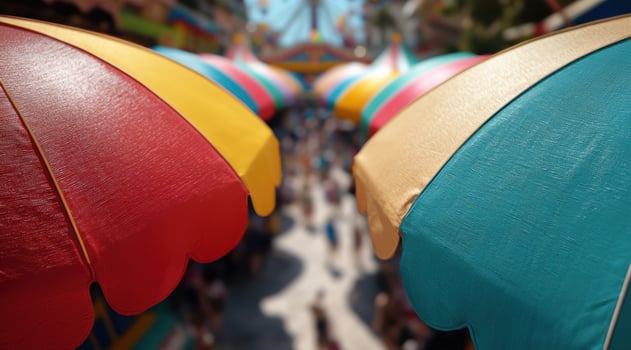 Colorful umbrellas in a crowded street photo