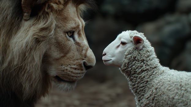Majestic lion and curious lamb face to face photo