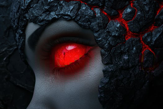 Mysterious glowing red eye in dark rocky landscape photo