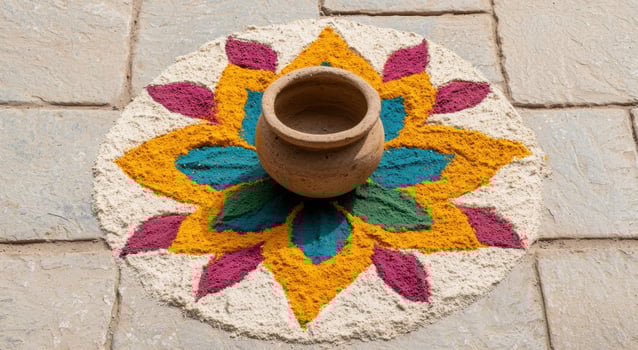 colorful flower shaped rangoli design with clay pot photo