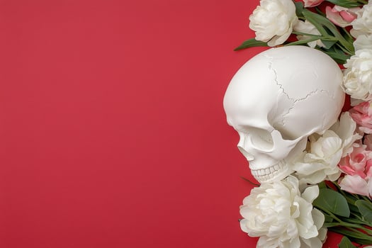 Floral skull and peony bouquet on red background photo