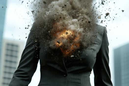 Explosion of debris on persons suit photo