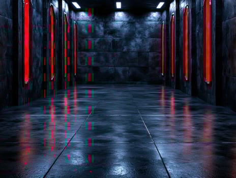 Futuristic dark hallway with red lights photo