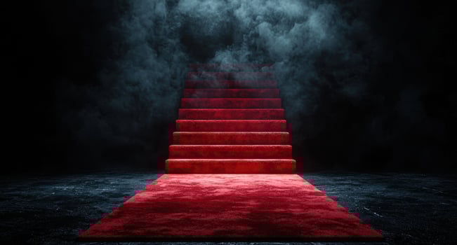 Mysterious red carpet staircase in dark smoky atmosphere photo