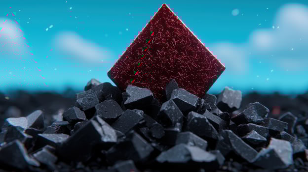 Vibrant red crystal formation on black rocks photo