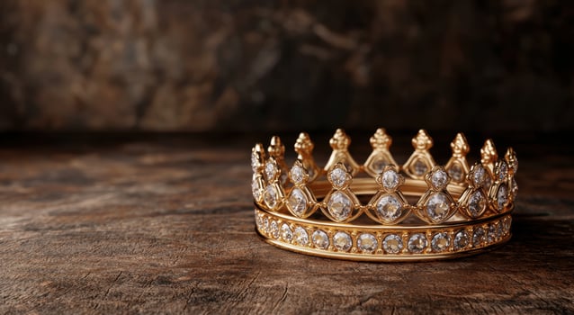 Ornate golden crown with diamonds on wooden background photo
