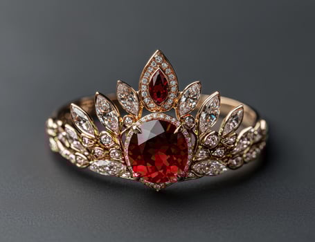 Elegant ruby and diamond crown shaped ring photo