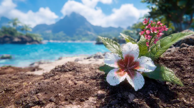 tropical beach with pink hibiscus flower photo