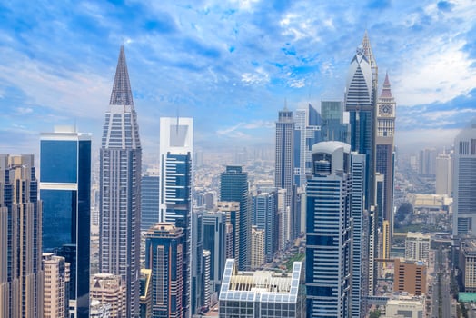 UAE, Dubai panoramic skyline view of city downtown and business district photo