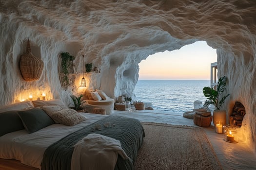 Cozy cave bedroom overlooking tranquil ocean at sunset with lit candles creating relaxing atmosphere photo