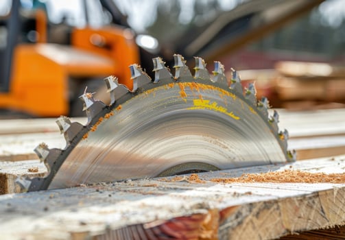 Circular saw blade on wooden surface photo