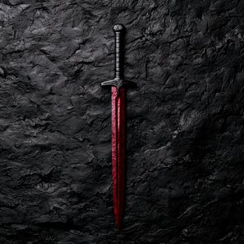 Ornate medieval sword on dark stone background photo