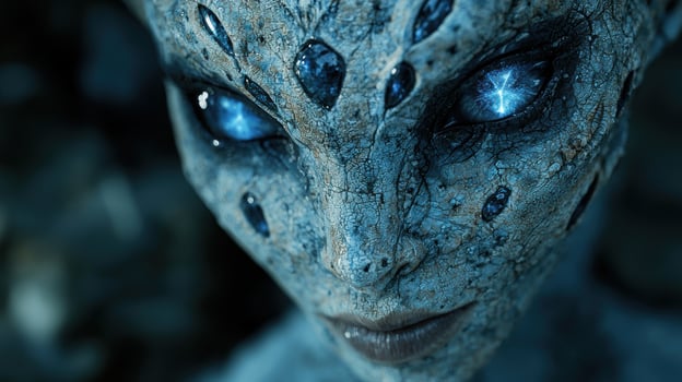 Alien face with glowing blue eyes photo