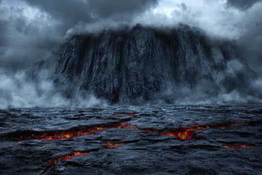 Dramatic volcanic landscape with fiery lava flows photo