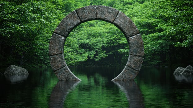 Serene stone arch over tranquil forest lake photo