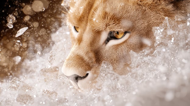 Close up of a lions face in the snow photo