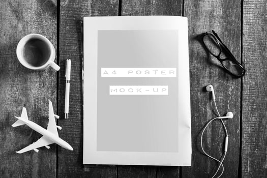 Blank open book, brochure or magazine on vintage wooden table background photo