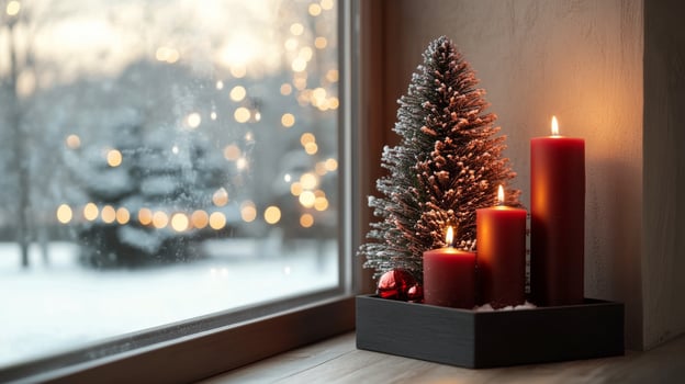 Cozy winter setting with candles and a small Christmas tree by the window during the holidays photo