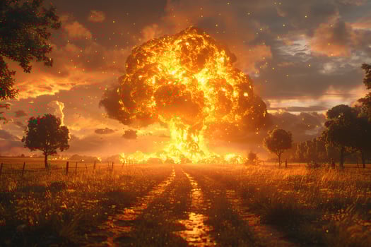 Dramatic Fiery Explosion in Serene Countryside Landscape Concept of Chaos in Nature photo