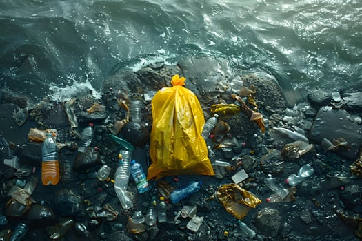 Environmental Pollution Ocean Shoreline Littered with Plastic Waste and Yellow Trash Bag photo
