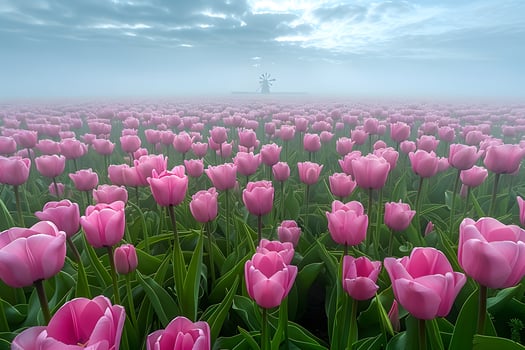 Expansive Tulip Field in Misty Morning with Windmill - Nature's Tranquility and Beauty photo