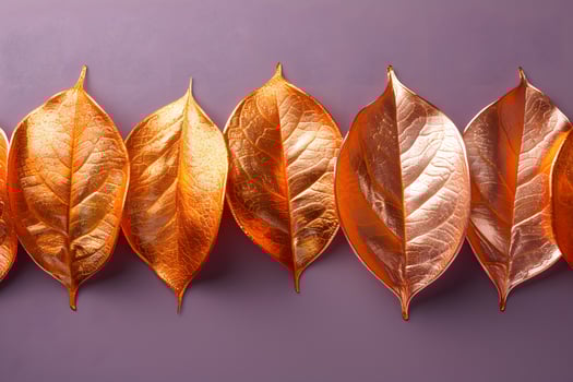 Golden Autumn Leaves in a Horizontal Row on a Purple Background for Seasonal Decor and Design photo
