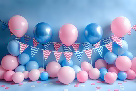 Pink and Blue Balloons with Festive Bunting for Gender Reveal or Baby Shower Decor photo