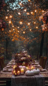 Elegant outdoor dining setup with pumpkins and ambient lights in a lush garden during autumn photo