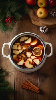 Warm spiced apple cider with cinnamon and dried fruit in a pot on a wooden table photo