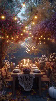 Elegant outdoor dining setup with pumpkins and ambient lights in a lush garden during autumn photo