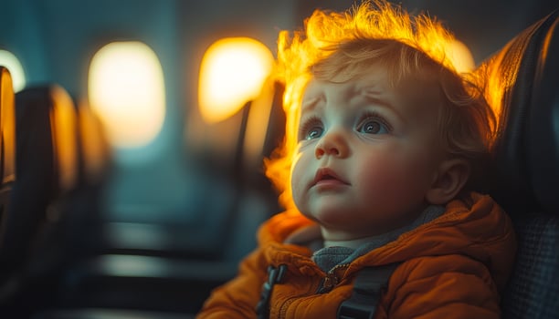 A baby is sitting in an airplane seat, looking out the window. The child is wearing a bright orange jacket and he is looking at something outside photo
