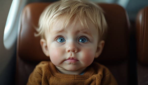 A baby with blue eyes is sitting in a chair. The baby is looking at the camera with a curious expression photo